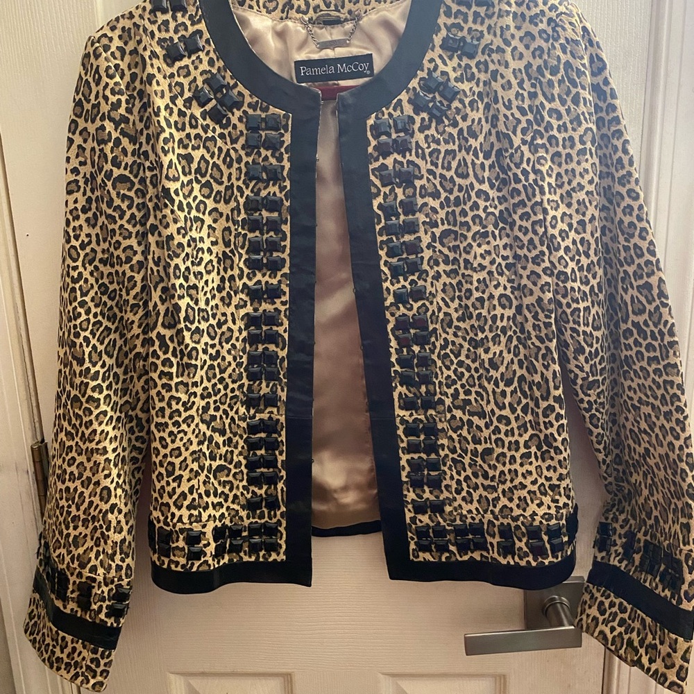 Pamela McCoy Animal Print Blazer with Black Trim